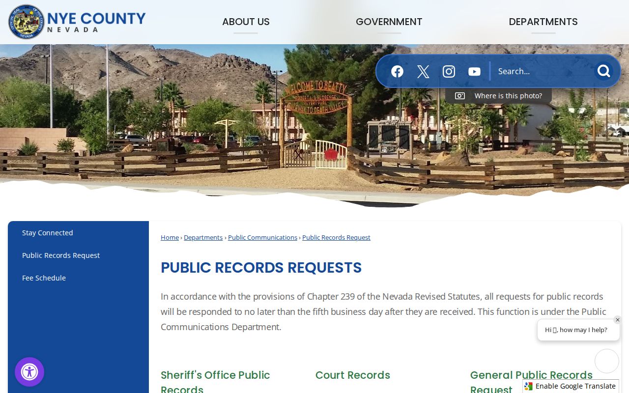 Pahrump open records routing for county, Sheriff, and court requests
