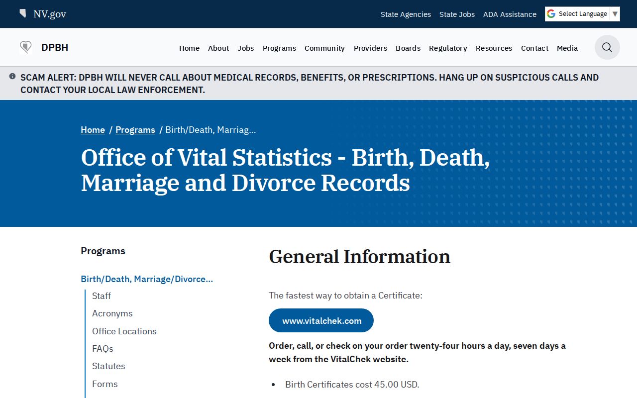Pahrump records access through Nevada birth and death certificate ordering